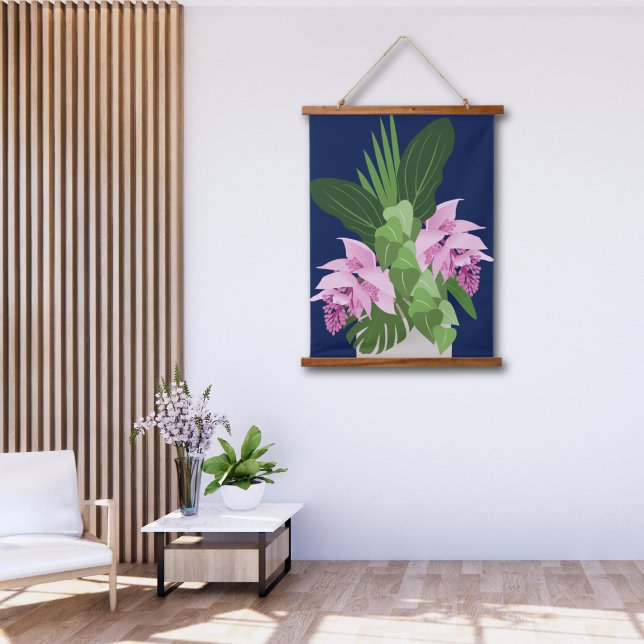 Tropical Medinilla Pink Flower on Dark Blue Hanging Tapestry (Creator Uploaded)