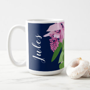 Tropical Medinilla Pink Flower on Dark Blue Name Coffee Mug