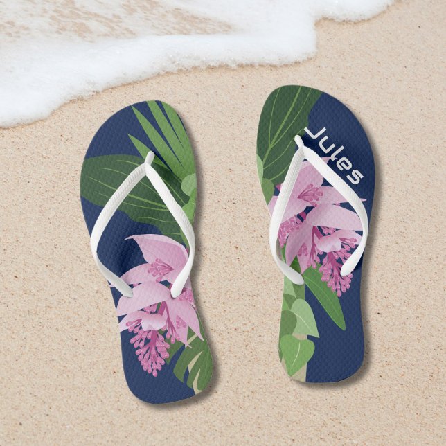 Tropical Medinilla Pink Flower on Dark Blue Name  Thongs (Creator Uploaded)