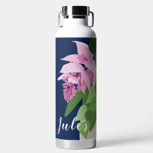 Tropical Medinilla Pink Flower on Dark Blue Name Water Bottle