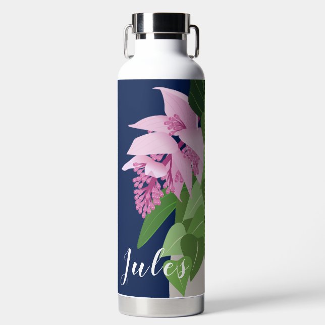 Tropical Medinilla Pink Flower on Dark Blue Name Water Bottle (Front)