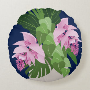 Tropical Medinilla Pink Flower on Dark Blue Round Cushion