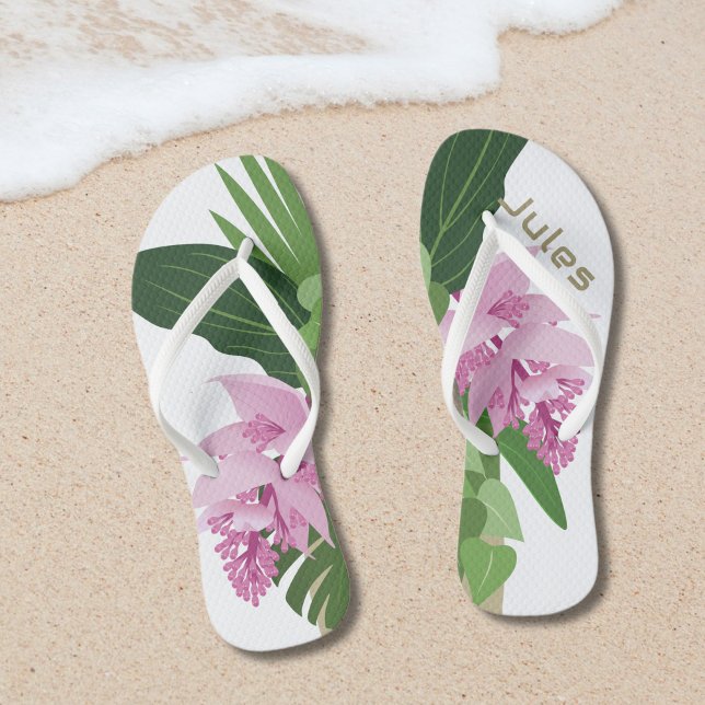 Tropical Medinilla Pink Flower on White Name Thongs (Creator Uploaded)
