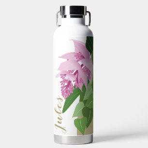 Tropical Medinilla Pink Flower on White Name Water Bottle