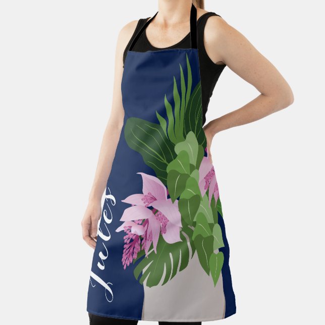 Tropical Medinilla Pink Flower Vase Dark Blue Apron (Insitu)