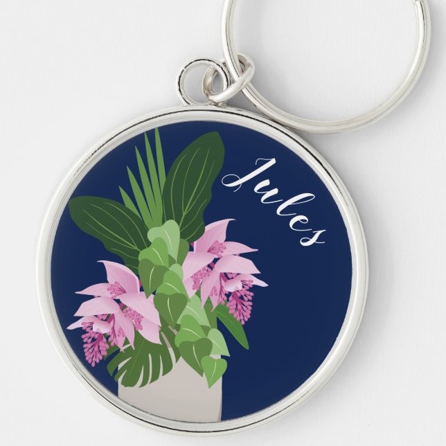 Tropical Medinilla Pink Flower Vase Dark Blue Name Key Ring (Front)