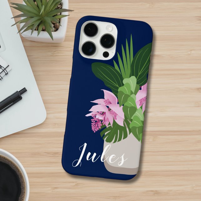 Tropical Medinilla Pink Flower Vase on Dark Blue Case-Mate iPhone Case (Creator Uploaded)