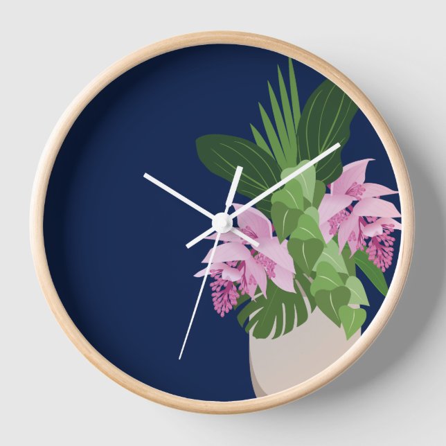 Tropical Medinilla Pink Flower Vase on Dark Blue Clock (Front)