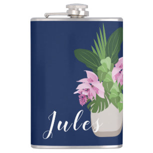 Tropical Medinilla Pink Flower Vase on Dark Blue Hip Flask