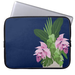 Tropical Medinilla Pink Flower Vase on Dark Blue Laptop Sleeve