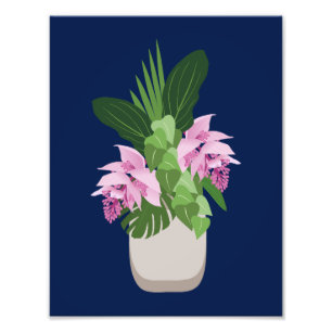 Tropical Medinilla Pink Flower Vase on Dark Blue Photo Print