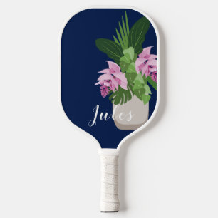 Tropical Medinilla Pink Flower Vase on Dark Blue Pickleball Paddle