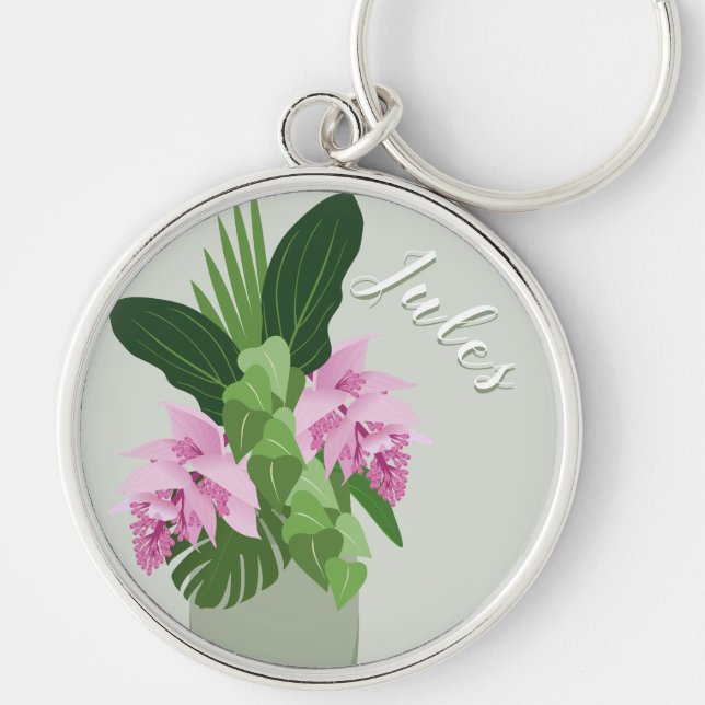 Tropical Medinilla Pink Flower Vase on Green Name Key Ring (Front)