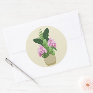 Tropical Medinilla Pink Flower Yellow Vase Classic Round Sticker