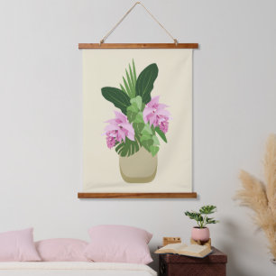 Tropical Medinilla Pink Flower Yellow Vase Hanging Tapestry