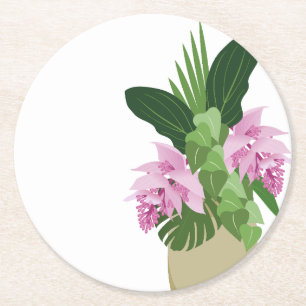 Tropical Medinilla Pink Flower Yellow Vase White Round Paper Coaster