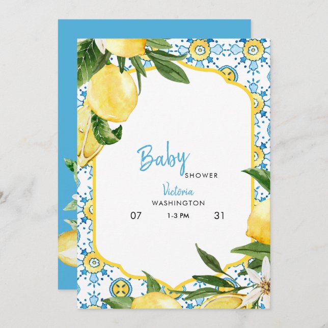 Tropical Mediterranean Blue Baby Shower Invitation (Front/Back)