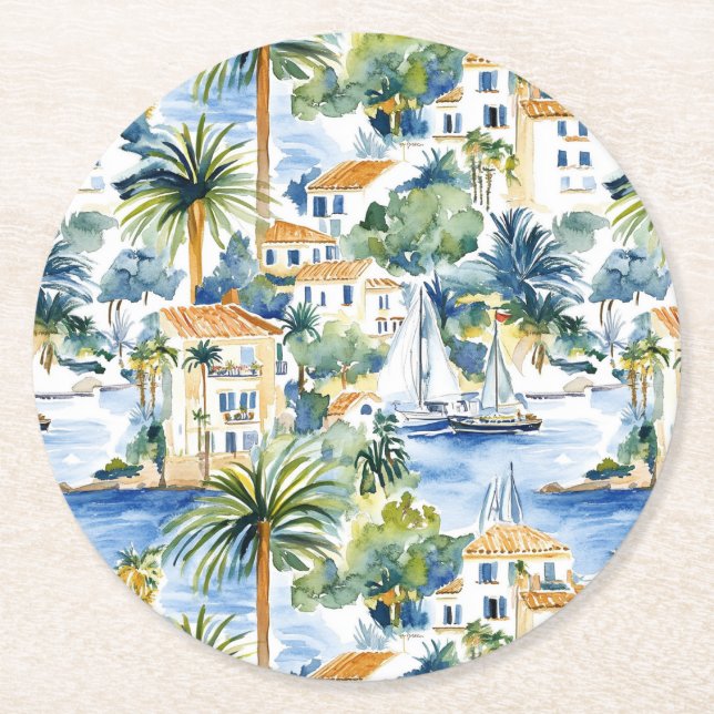 Tropical Mediterranean Wedding  Round Paper Coaster (Front)