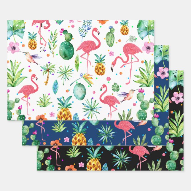 Tropical Melody Pattern Birds & Flowers Wrapping Paper Sheet (Set)