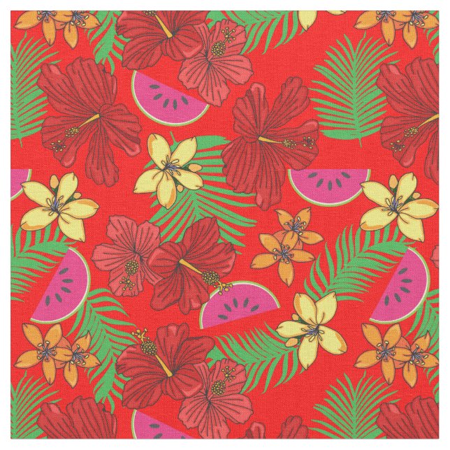Tropical Melons and Palm Leaves Red Floral Pattern Fabric (Close Up)