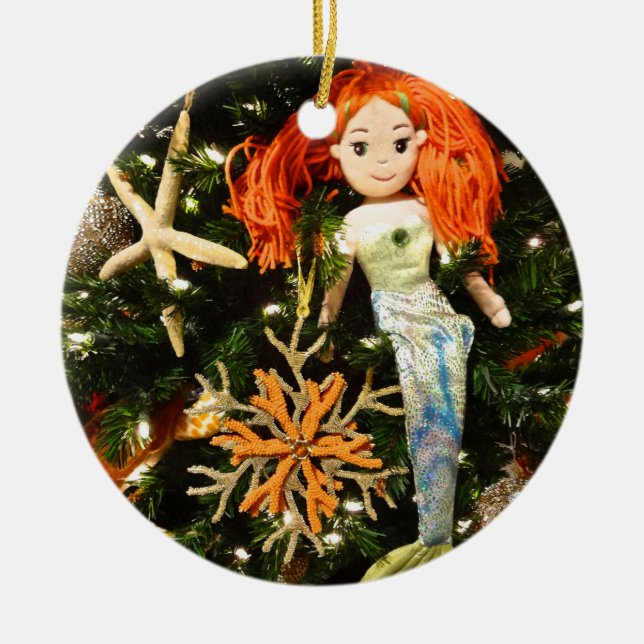 Tropical Mermaid Under the Sea Christmas Holiday Ceramic Ornament (Front)