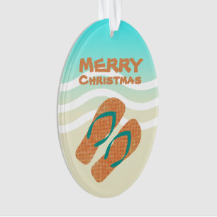 Tropical Merry Christmas Beach Waves Flip Flops Ornament