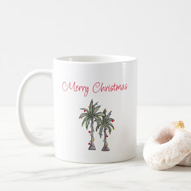 Tropical Merry Christmas Palm Trees Beach  Coffee Mug (With Donut)