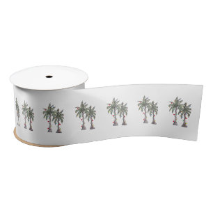 Tropical Merry Christmas Palm Trees Pattern Satin Ribbon