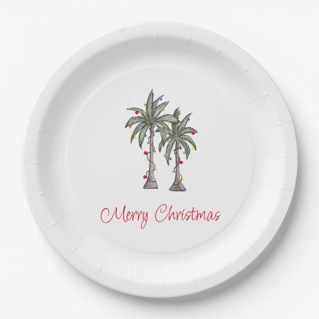 Tropical Merry Christmas Party Palm Trees  Paper Plate (Front)