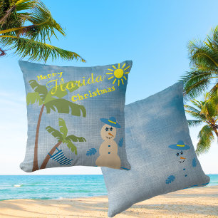 Tropical Merry Florida Christmas Snowman on Beach Cushion