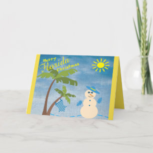 Tropical Merry Florida Christmas Snowman on Beach Holiday Card