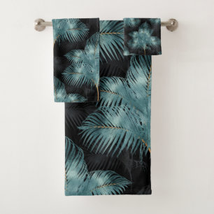 Tropical Metallic Blue & Gold Palm Leaves Summer Bath Towel Set