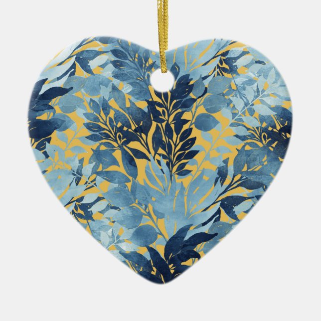Tropical Metallic Blue Yellow Foliage Design Ceramic Ornament (Front)