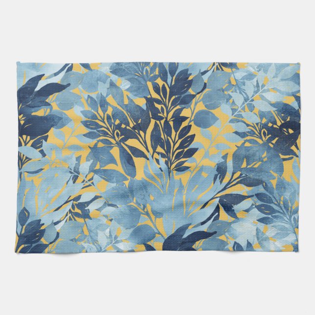 Tropical Metallic Blue Yellow Foliage Design Tea Towel (Horizontal)