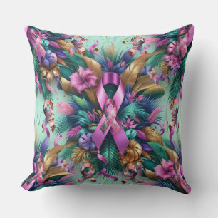 Tropical Metallic Pink Cancer Ribbon Cushion