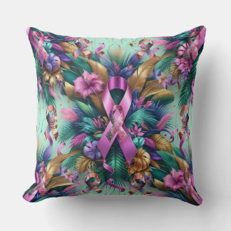 Tropical Metallic Pink Cancer Ribbon Cushion