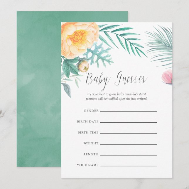 Tropical Mint Floral Baby Shower Guessing Game Invitation (Front/Back)