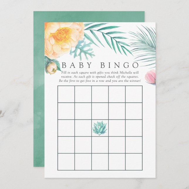 Tropical Mint Floral Summer Baby Shower Bingo Invitation (Front/Back)