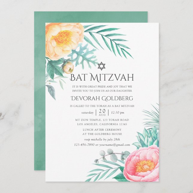 Tropical Mint Floral Summer Bat Mitzvah Invitation (Front/Back)