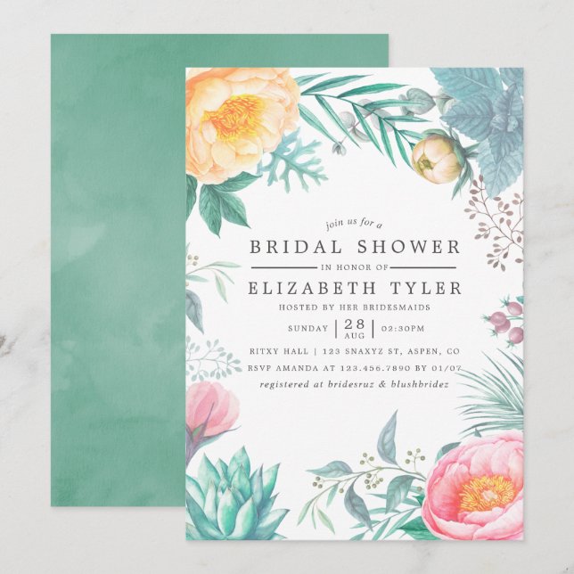 Tropical Mint Floral Summer Bridal Shower Invite (Front/Back)