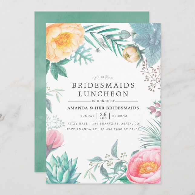 Tropical Mint Floral Summer Bridesmaids Luncheon Invitation (Front/Back)