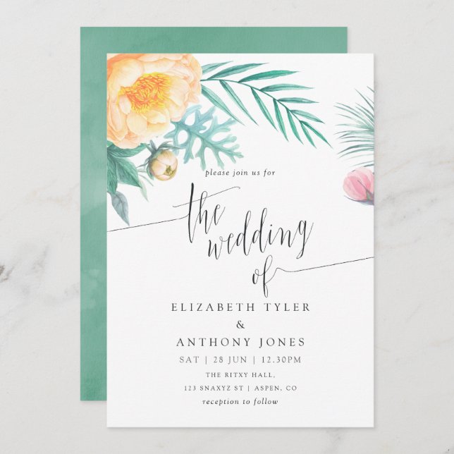 Tropical Mint Floral Watercolor Wedding Invitation (Front/Back)