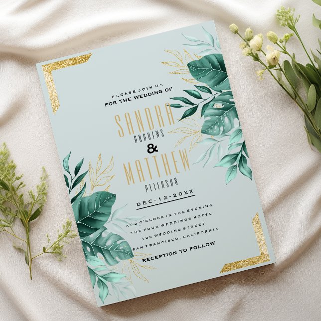 Tropical mint green gold glitter foliage Wedding Invitation (Tropical mint green gold glitter foliage Wedding)