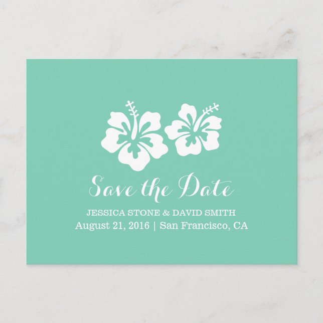 Tropical Mint Green Hibiscus Flower Save the Date Announcement Postcard (Front)
