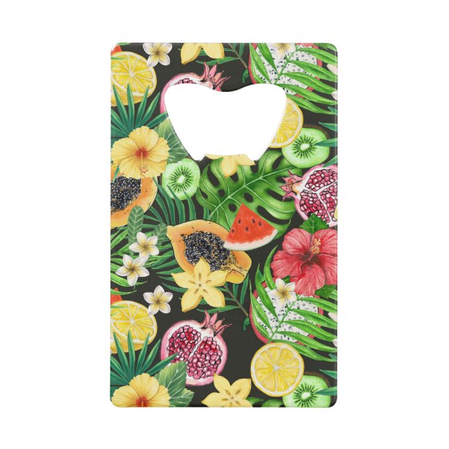 Tropical mix-fruit, flowers and leaves on black (Front)