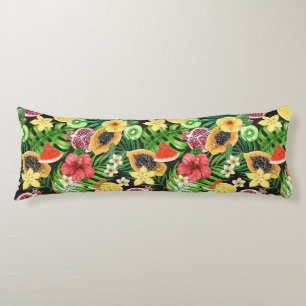 Tropical mix-fruit, flowers and leaves on black body cushion