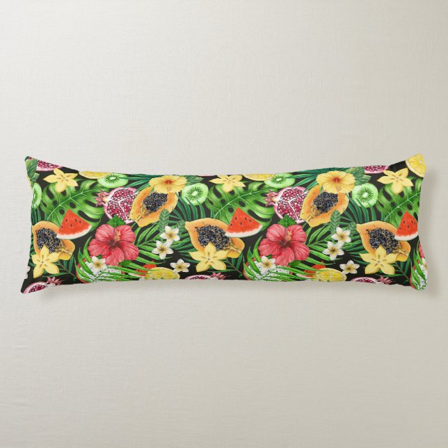 Tropical mix-fruit, flowers and leaves on black body cushion (Front)