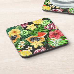 Tropical mix-fruit, flowers and leaves on black coaster