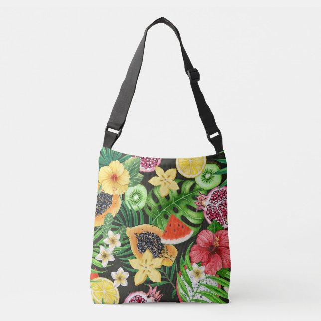 Tropical mix-fruit, flowers and leaves on black crossbody bag (Front)
