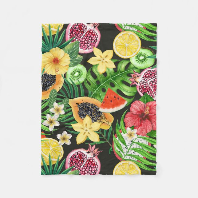 Tropical mix-fruit, flowers and leaves on black fleece blanket (Front)